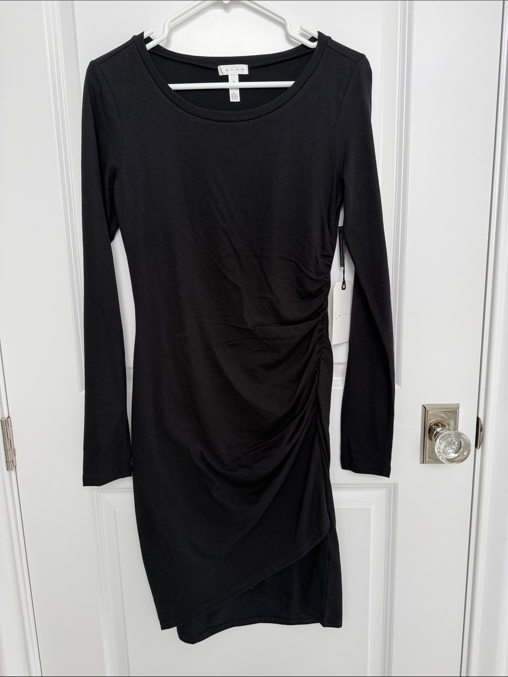 Leith Black Long Sleeve Ruched Asymmetric Dress